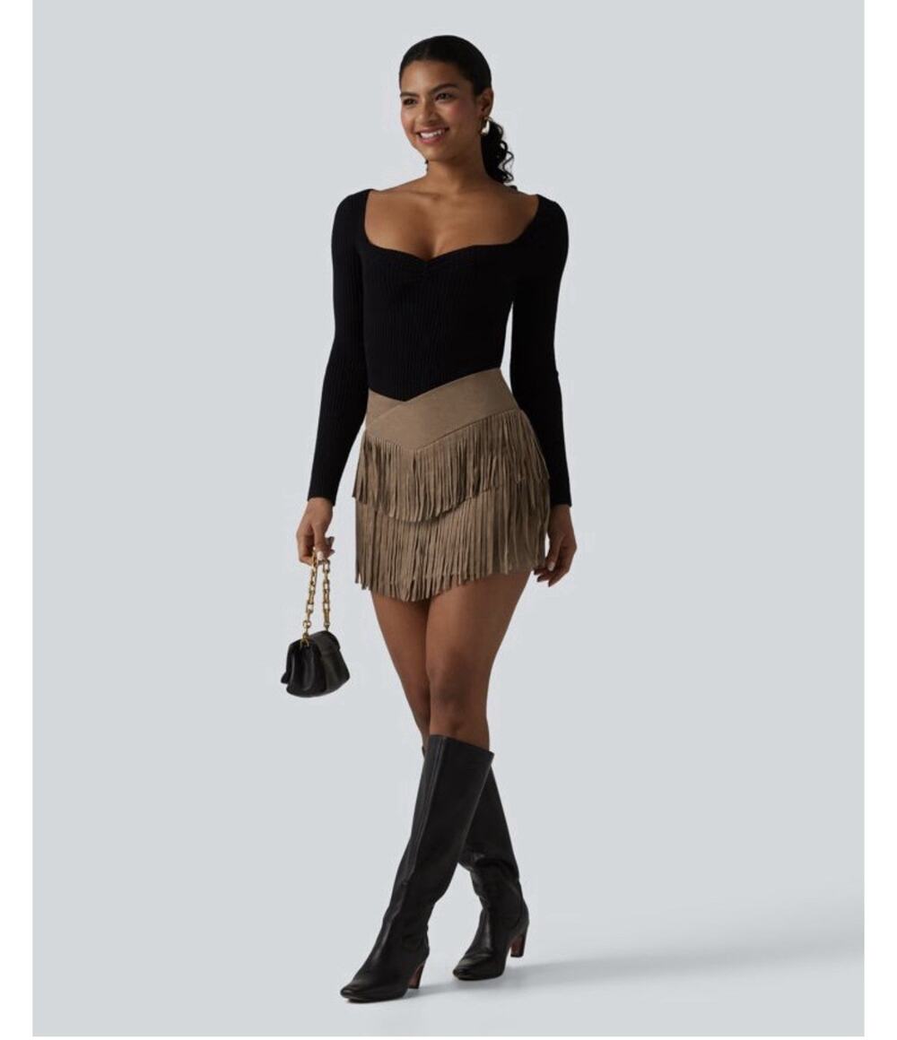 Halara XS Brown Solid Crossover High Waisted Fringe Hem Stretch Mini Skirt
